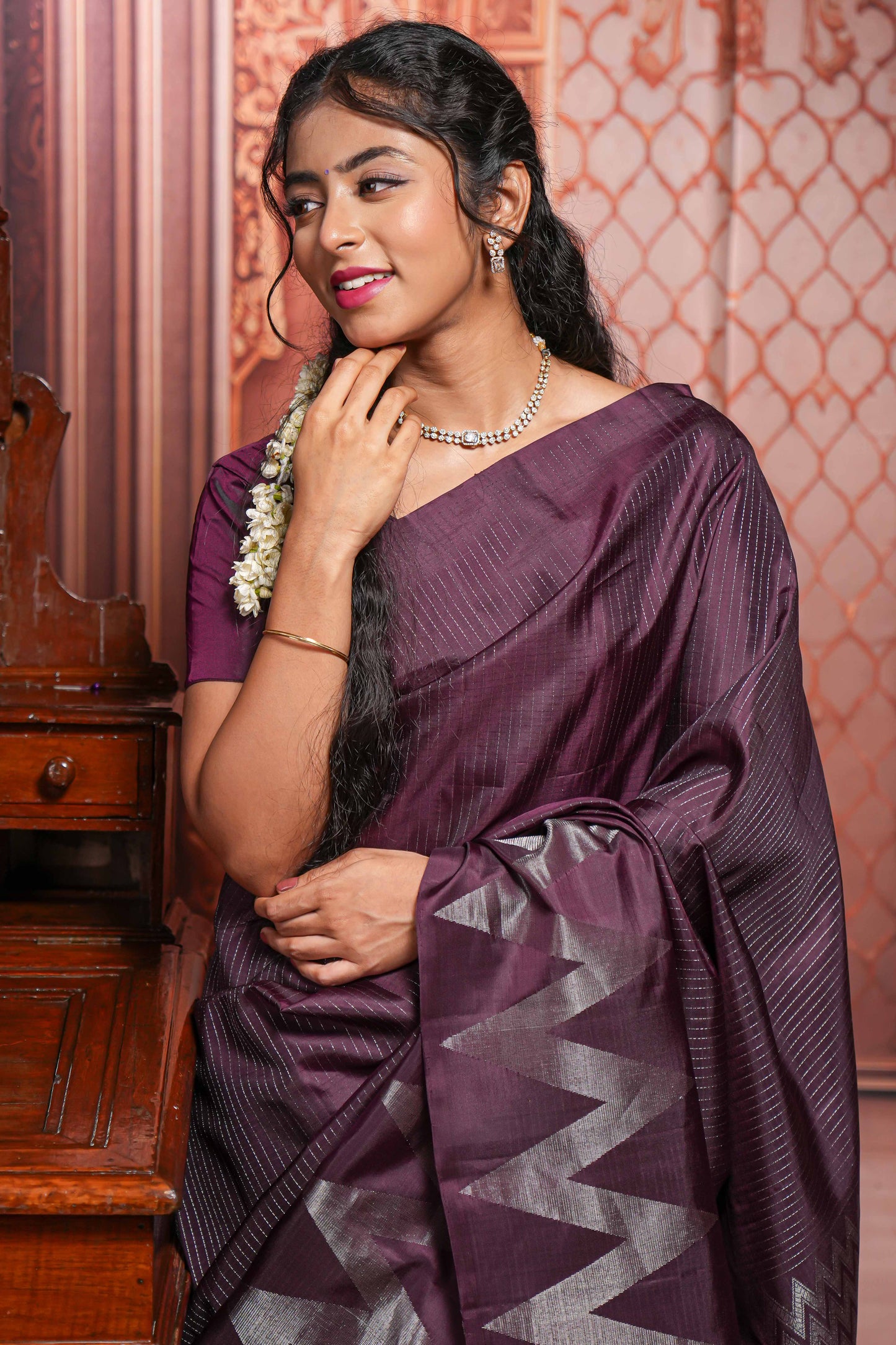 Purple silver zari striped parambariya pattu saree with self chevron design border and matching pallu
