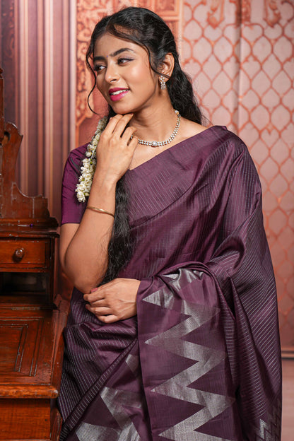 Purple silver zari striped parambariya pattu saree with self chevron design border and matching pallu