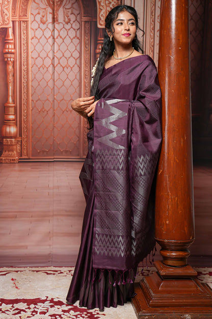 Purple silver zari striped parambariya pattu saree with self chevron design border and matching pallu
