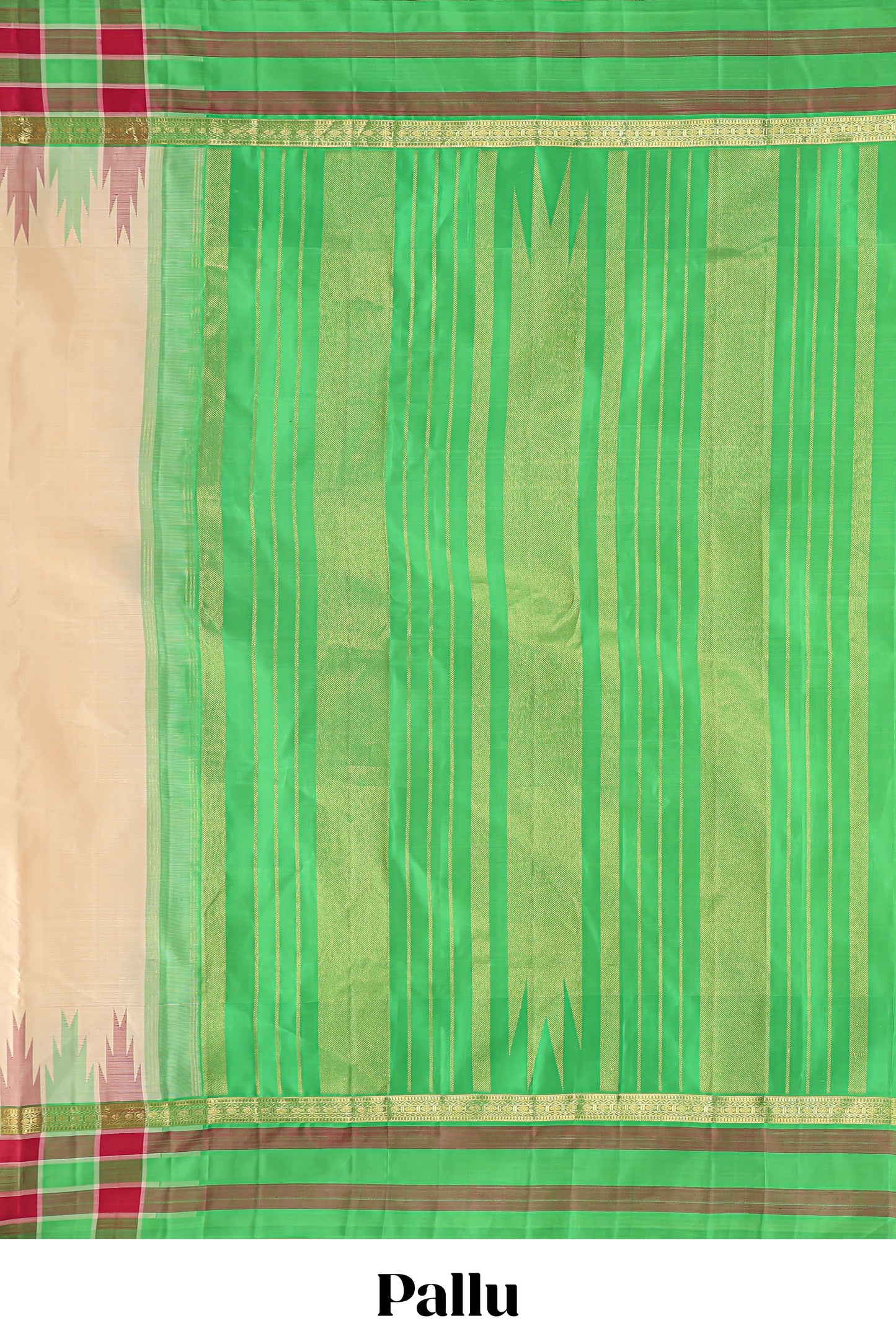 Sandal plain parambariya pattu saree with contrast checked ikkat style border and zari striped pallu