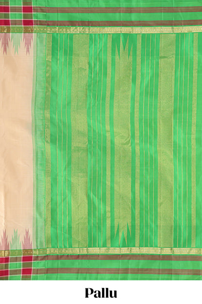 Sandal plain parambariya pattu saree with contrast checked ikkat style border and zari striped pallu