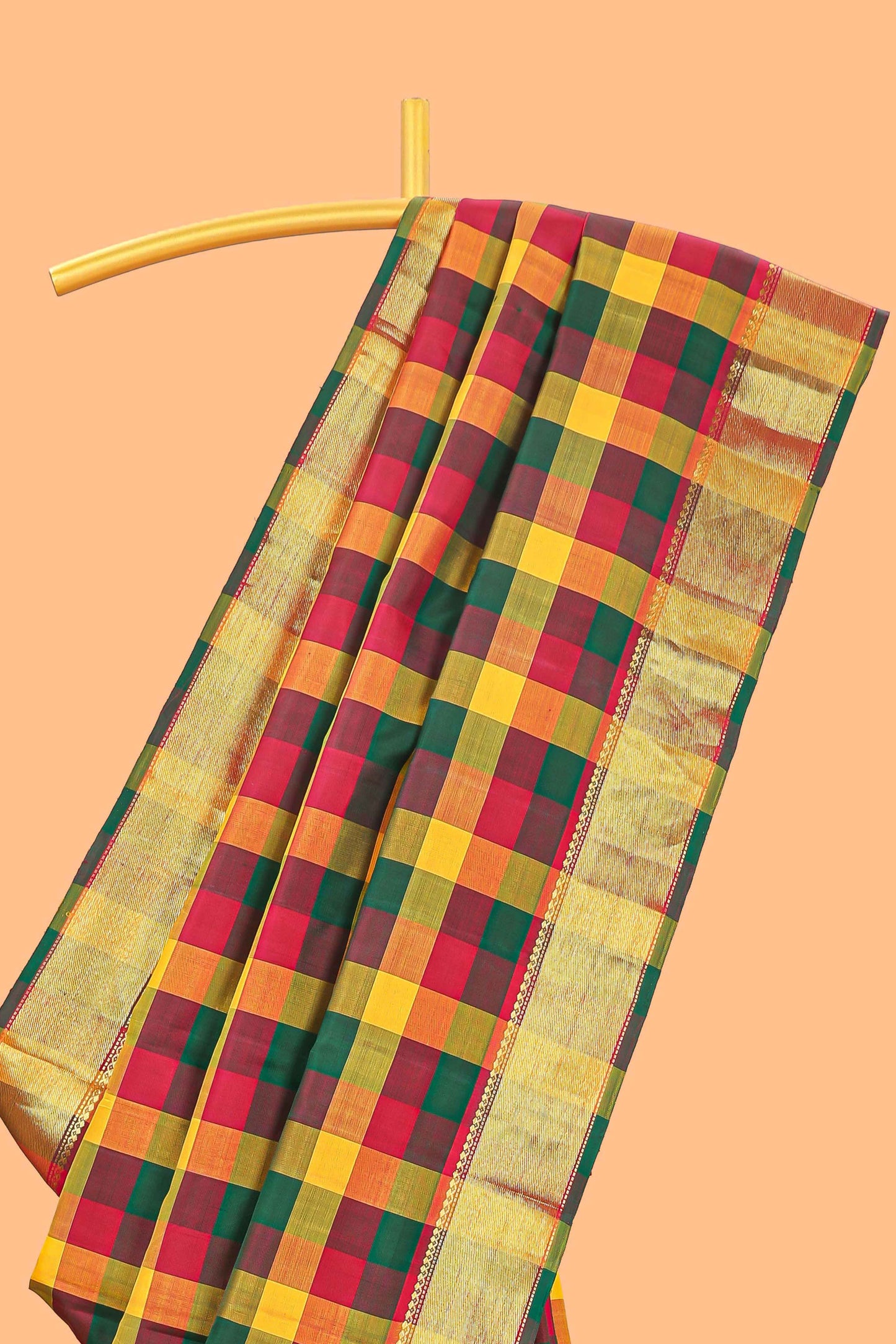 Multi color checked parambariya pattu saree with self zari border and contrast striped pallu