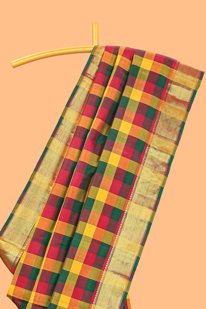 Multi color checked parambariya pattu saree with self zari border and contrast striped pallu