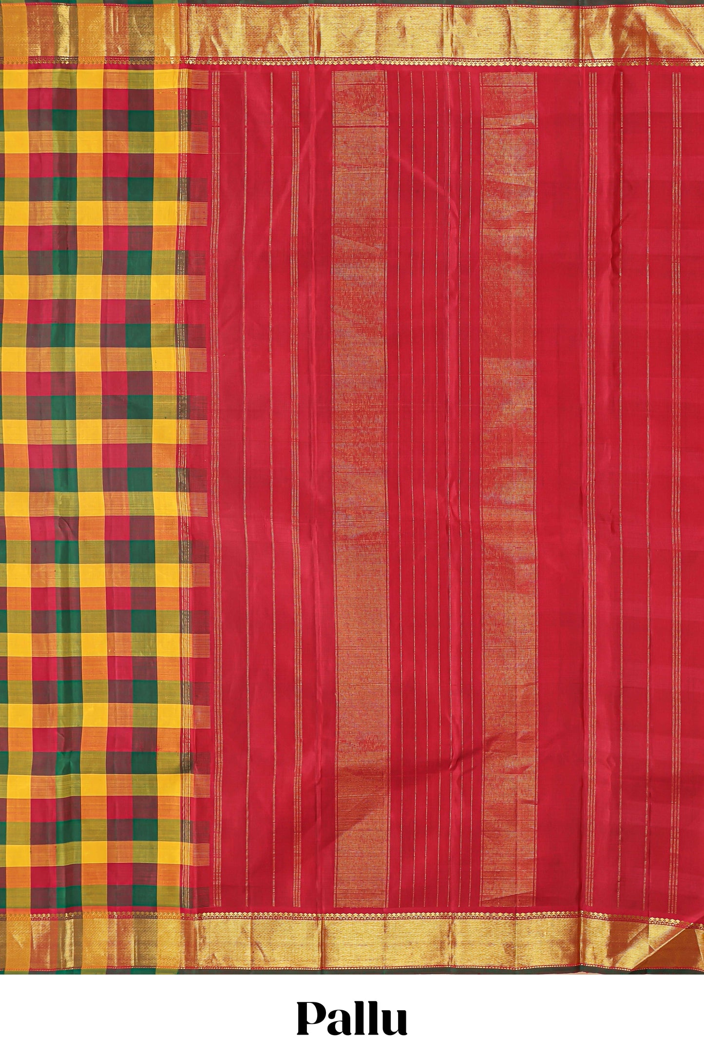 Multi color checked parambariya pattu saree with self zari border and contrast striped pallu