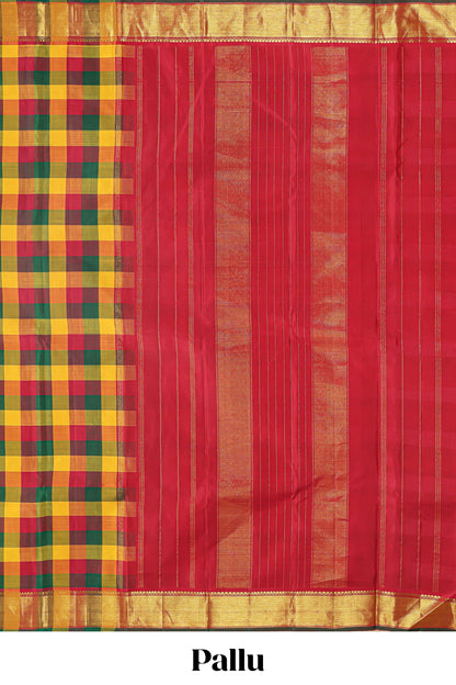 Multi color checked parambariya pattu saree with self zari border and contrast striped pallu