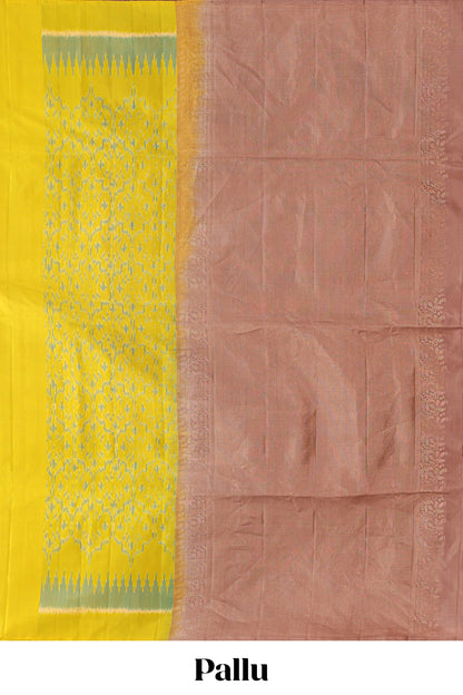 Lemon yellow parambariya pattu saree with self zari border and contrast blouse