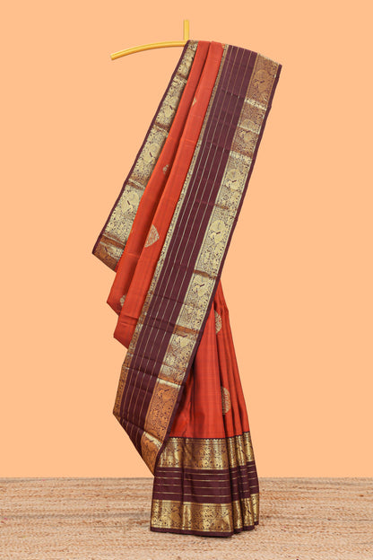 Red zari butta parambariya pattu saree with contrast striped bentex border and blouse