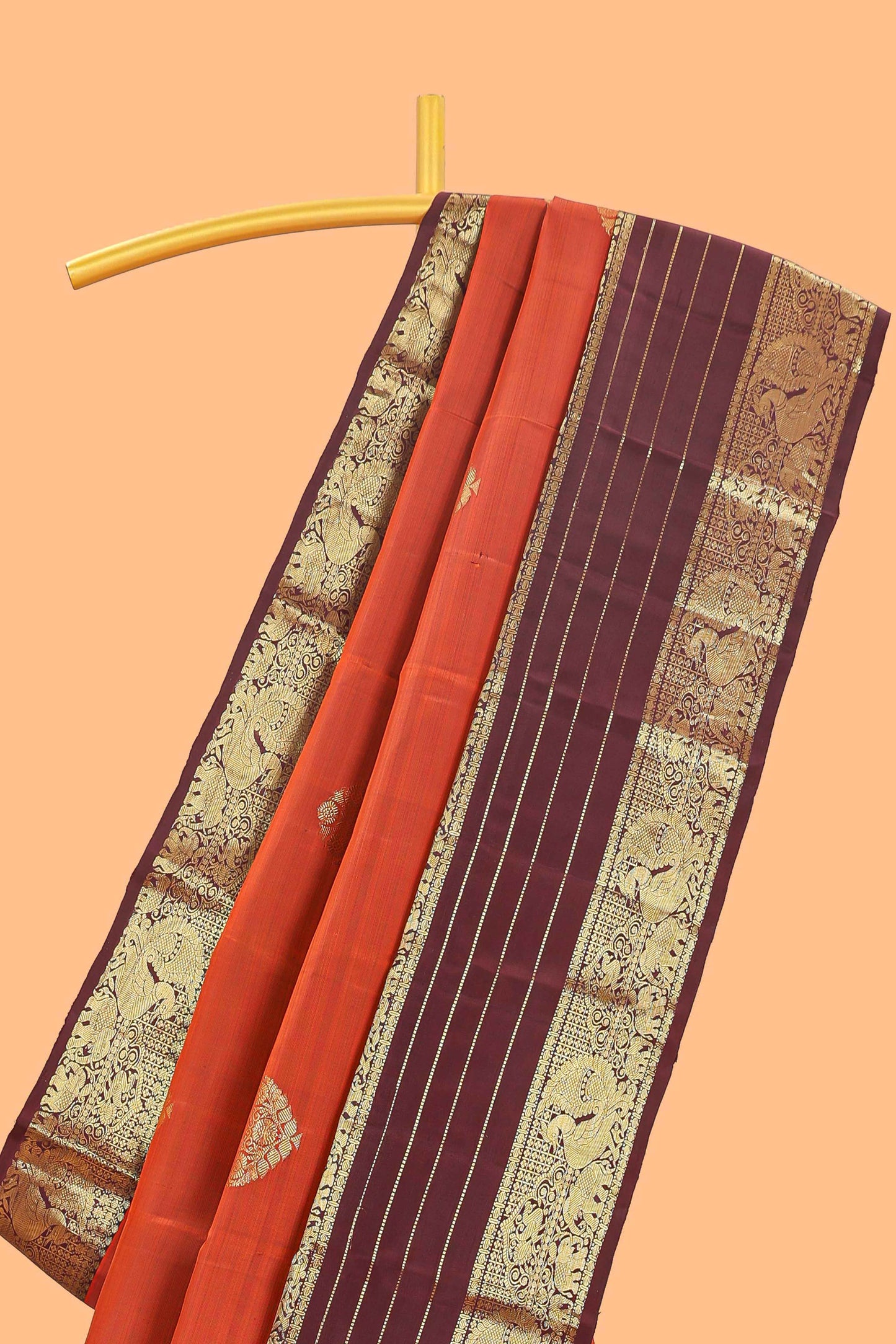 Red zari butta parambariya pattu saree with contrast striped bentex border and blouse