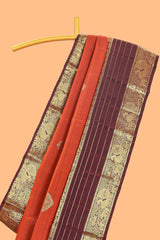 Red zari butta parambariya pattu saree with contrast striped bentex border and blouse