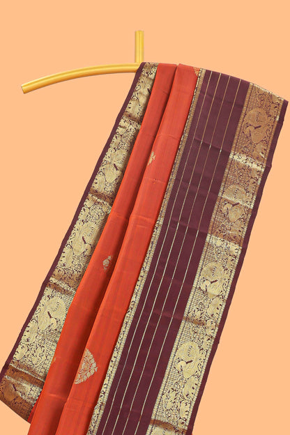 Red zari butta parambariya pattu saree with contrast striped bentex border and blouse