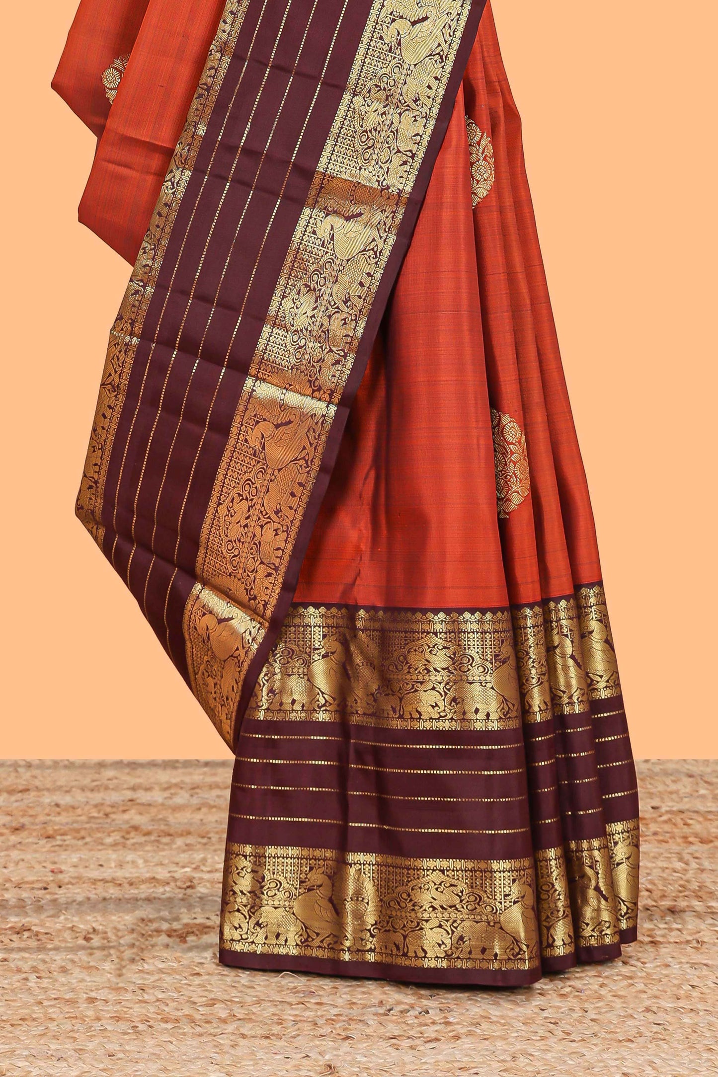 Red zari butta parambariya pattu saree with contrast striped bentex border and blouse