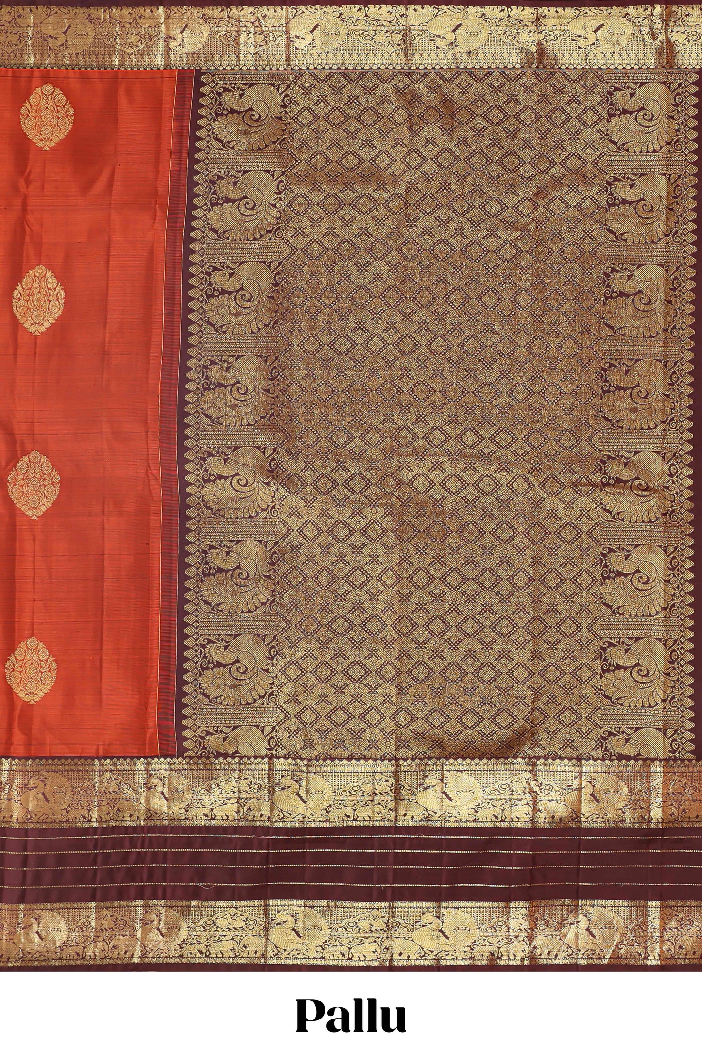 Red zari butta parambariya pattu saree with contrast striped bentex border and blouse