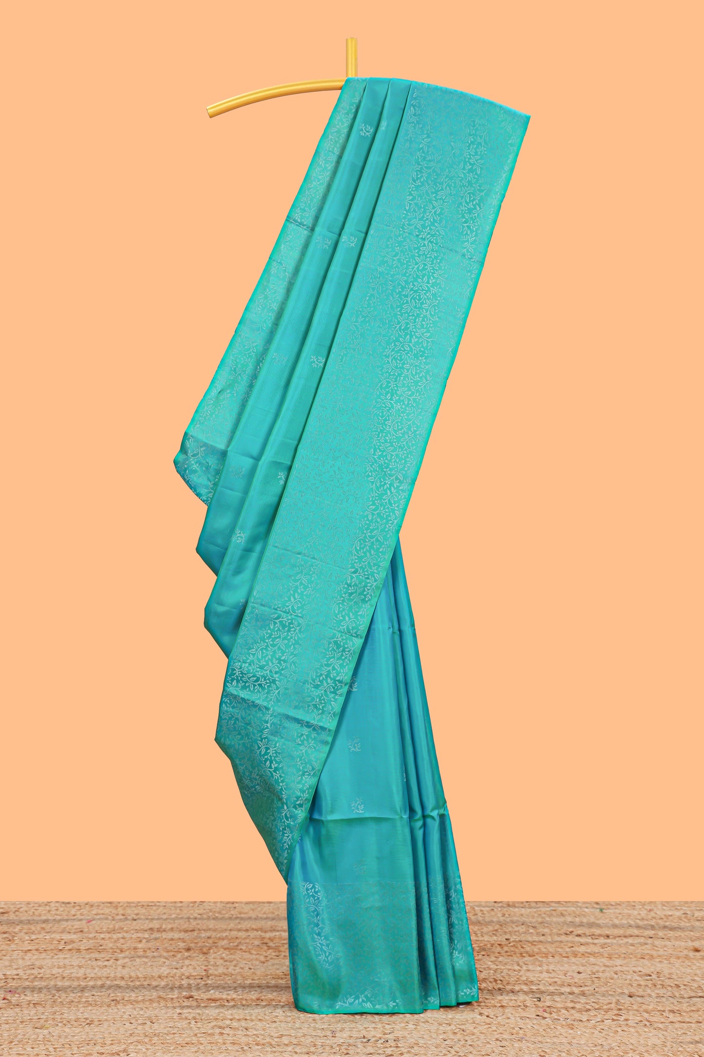Borderless turquoise green zari stripes and butta parambariya pattu saree with self pallu and matching blouse