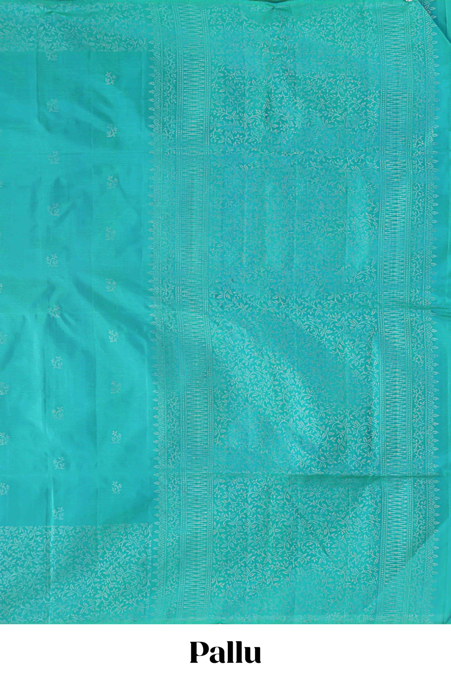 Borderless turquoise green zari stripes and butta parambariya pattu saree with self pallu and matching blouse
