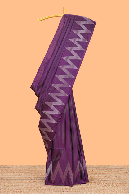 Violet striped parambariya pattu saree with self chevron border and matching pallu