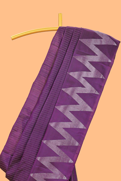 Purple silver zari striped parambariya pattu saree with self chevron design border and matching pallu