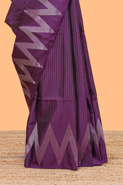 Purple silver zari striped parambariya pattu saree with self chevron design border and matching pallu