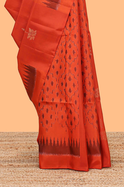Orange ikkat style parambariya pattu saree with self border and contrast pallu