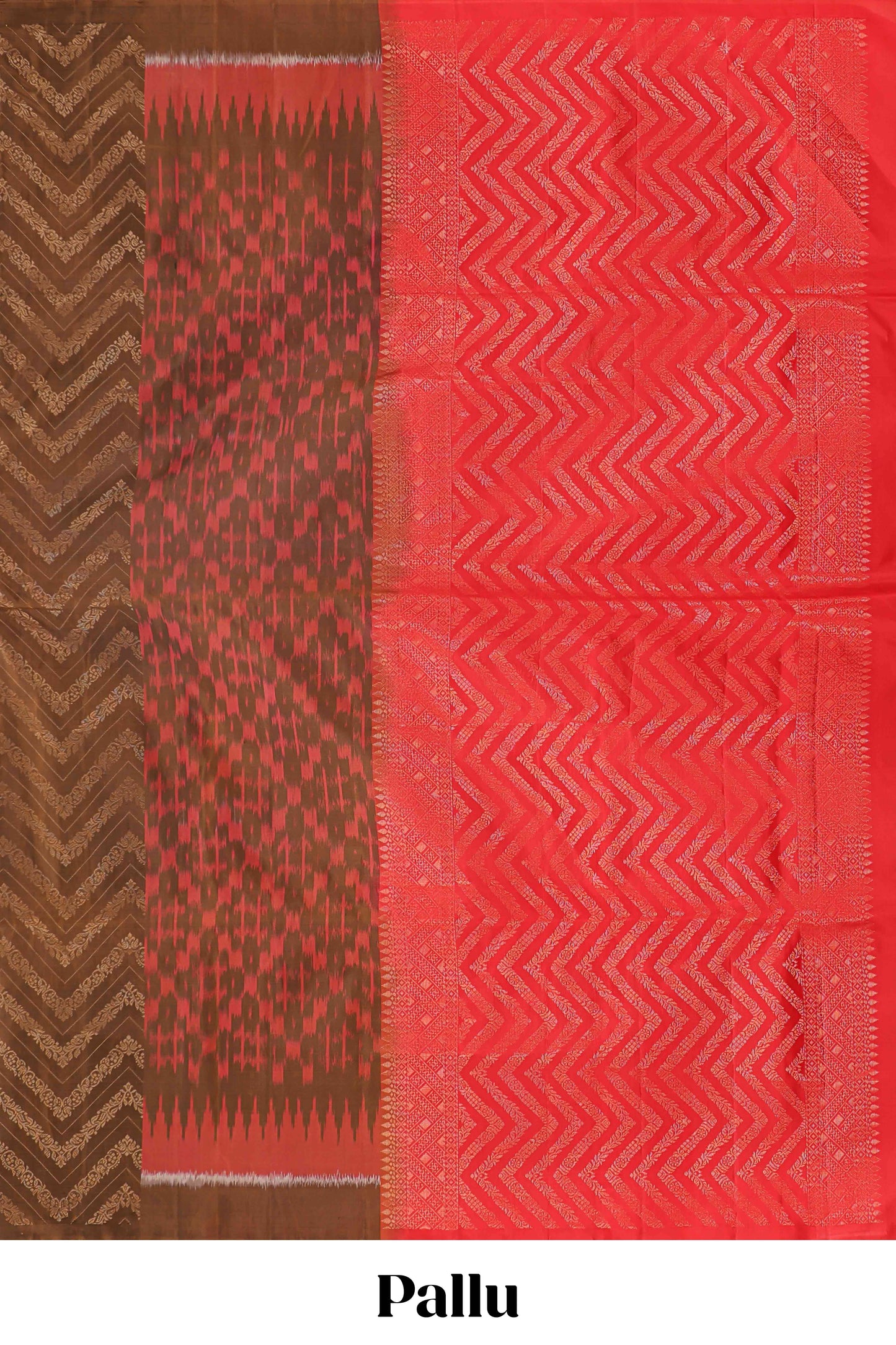Borderless brown chevron and ikkat style parambariya pattu saree with contrast blouse and pallu