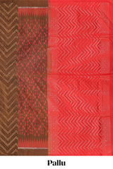 Borderless brown chevron and ikkat style parambariya pattu saree with contrast blouse and pallu
