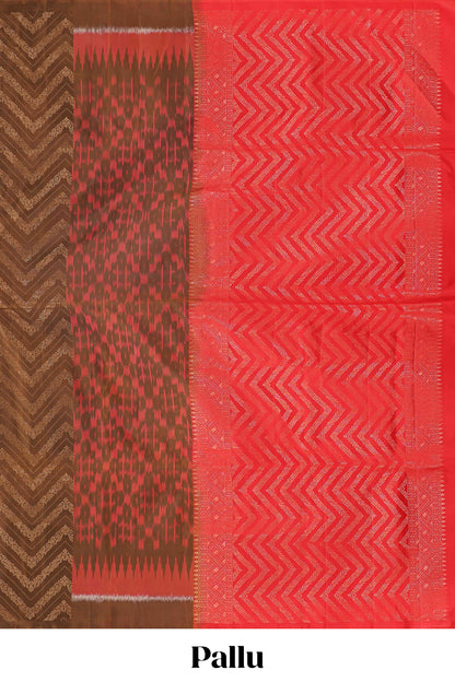 Borderless brown chevron and ikkat style parambariya pattu saree with contrast blouse and pallu
