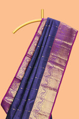 Blue zari striped parambariya pattu saree with contrast zari border and blouse