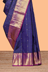 Blue zari striped parambariya pattu saree with contrast zari border and blouse
