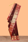 Maroon zari motifs design parambariya pattu saree with contrast border and blouse