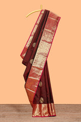 Maroon zari motifs design parambariya pattu saree with contrast border and blouse