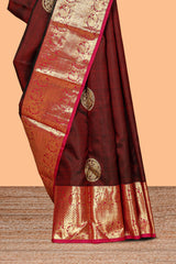 Maroon zari motifs design parambariya pattu saree with contrast border and blouse