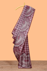 Borderless soft maroon checked & bird design parambariya pattu saree with contrast border and printed blouse
