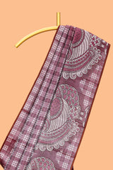 Borderless soft maroon checked & bird design parambariya pattu saree with contrast border and printed blouse