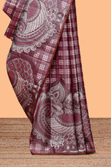 Borderless soft maroon checked & bird design parambariya pattu saree with contrast border and printed blouse