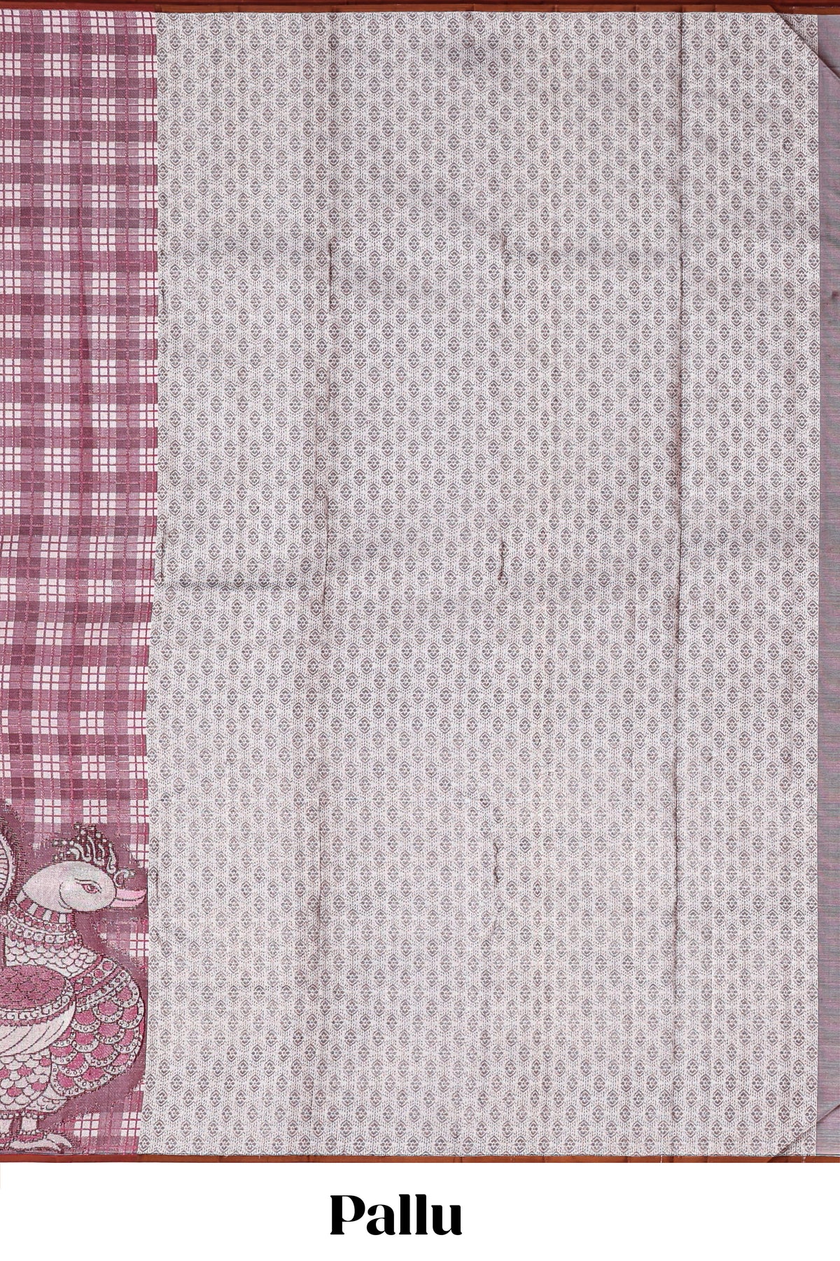 Borderless soft maroon checked & bird design parambariya pattu saree with contrast border and printed blouse