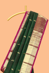 Green floral zari motifs design parambariya pattu saree with contrast border and blouse