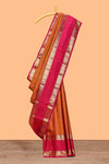 Orange zari checked parambariya pattu saree with contrast bentex border and blouse