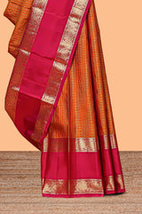 Orange zari checked parambariya pattu saree with contrast bentex border and blouse