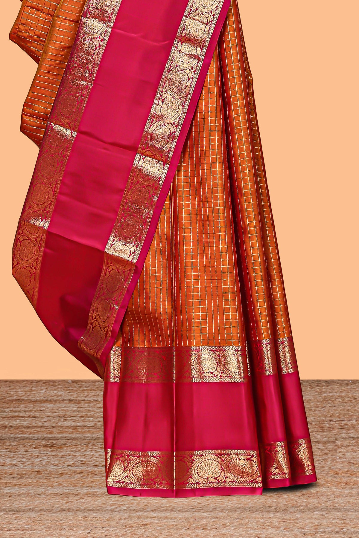 Orange zari checked parambariya pattu saree with contrast bentex border and blouse