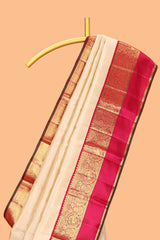 Beige zari motifs parambariya pattu saree with contrast zari border and blouse