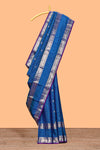 Midnight blue checked zari motifs parambariya pattu saree with self zari border and contrast blouse
