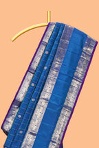 Midnight blue checked zari motifs parambariya pattu saree with self zari border and contrast blouse
