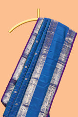 Midnight blue checked zari motifs parambariya pattu saree with self zari border and contrast blouse