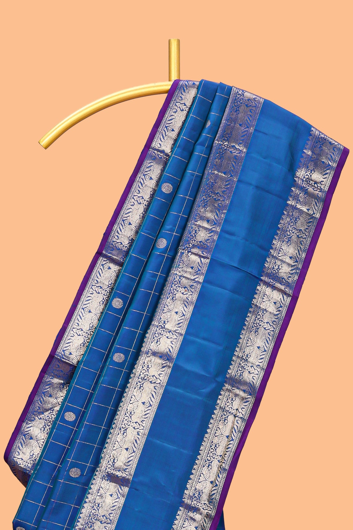 Midnight blue checked zari motifs parambariya pattu saree with self zari border and contrast blouse