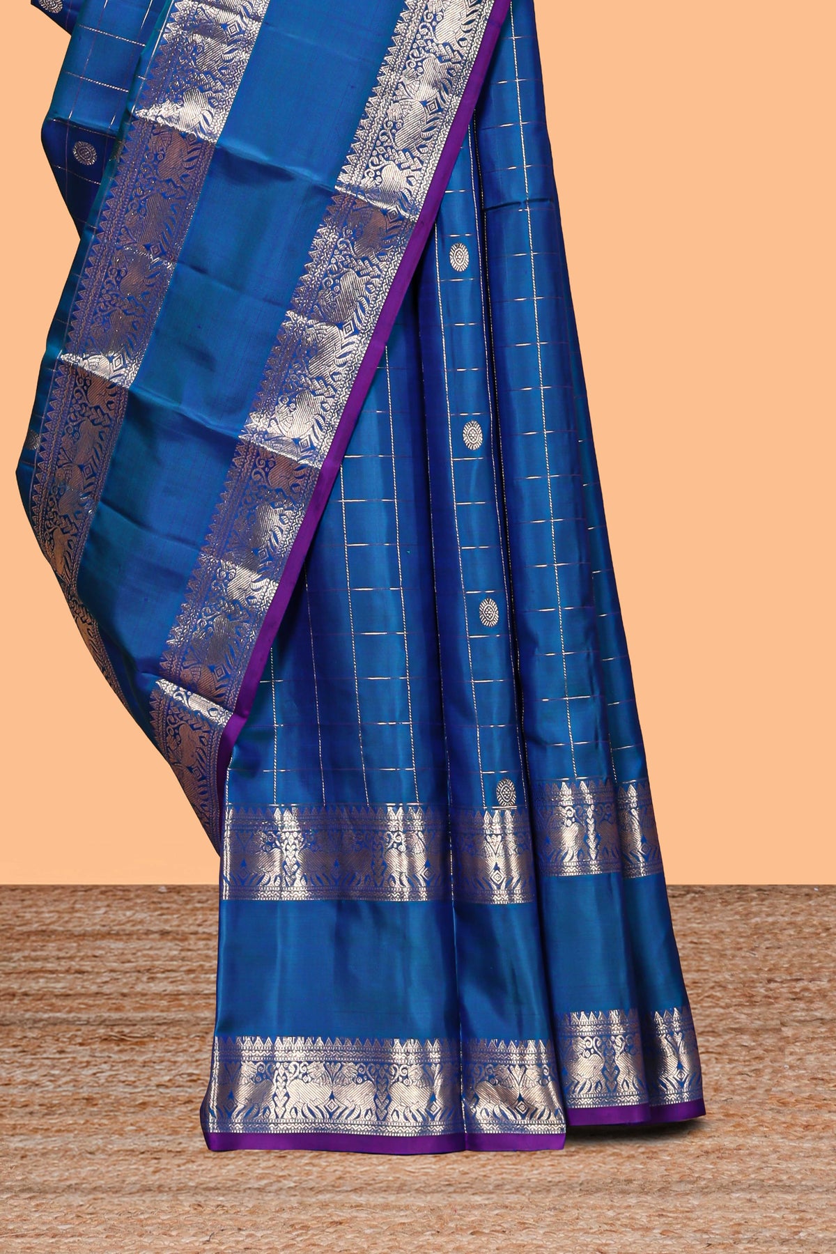 Midnight blue checked zari motifs parambariya pattu saree with self zari border and contrast blouse