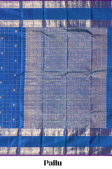 Midnight blue checked zari motifs parambariya pattu saree with self zari border and contrast blouse