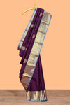 Purple zari motifs designparambariya pattu saree with contrast zari border and contrast blouse