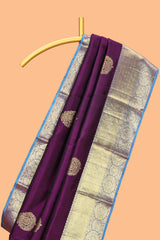 Purple zari motifs designparambariya pattu saree with contrast zari border and contrast blouse