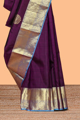 Purple zari motifs designparambariya pattu saree with contrast zari border and contrast blouse