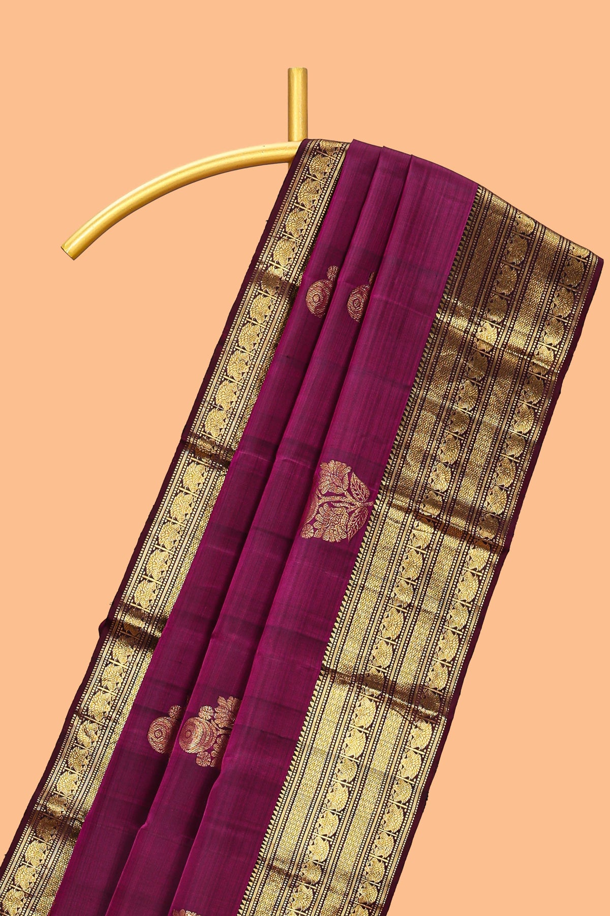 Magenta floral design zari motifs parambariya pattu saree with self zari border and matching blouse