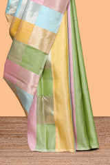 Borderless multi color parambariya pattu saree with contrast zari striped pallu and blouse